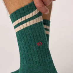 Chaussettes Rétro Coton Peigné - Vert Canard Rayé Beige