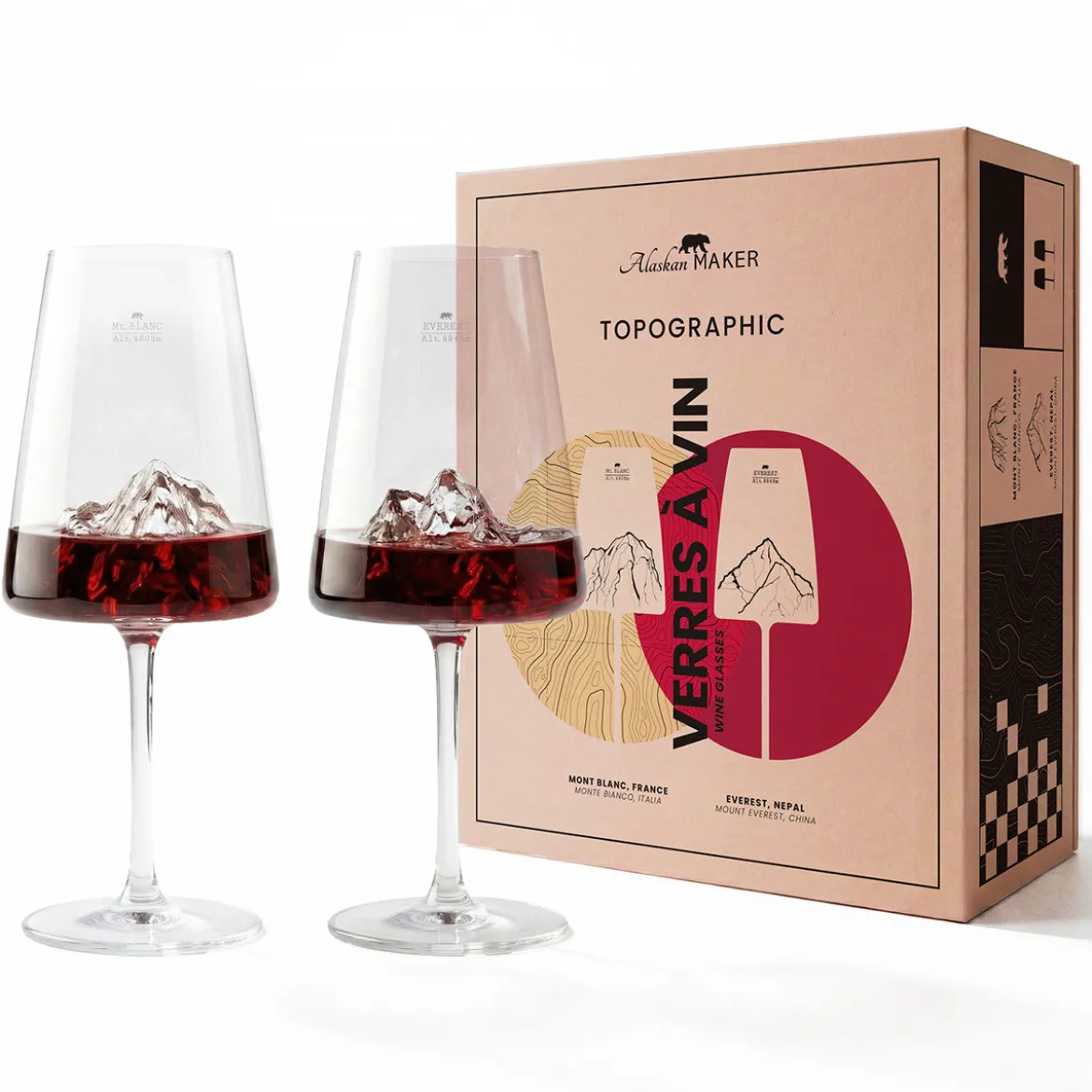 Coffret 2 Verres à vin topographic Mont Blanc & Everest