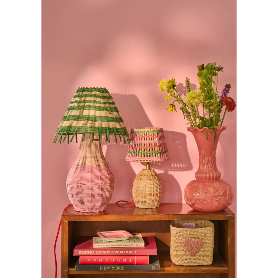 Lampe de Table - Rotin Rayures Pink Tall