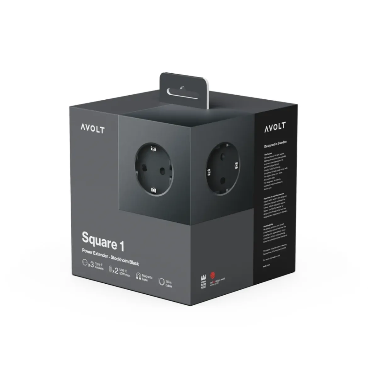 Multiprise square 1 avec USB-C 30W 1,8m - Stockholm Black