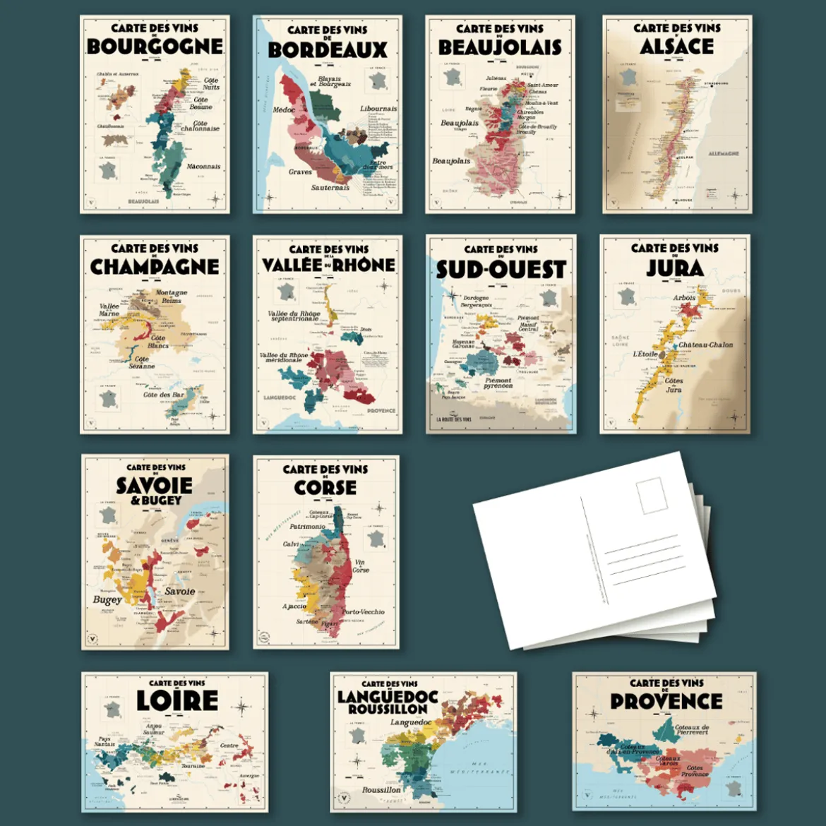 Pack 13 Cartes Postales Les Vins de France - 10 x 15 cm - Ecru