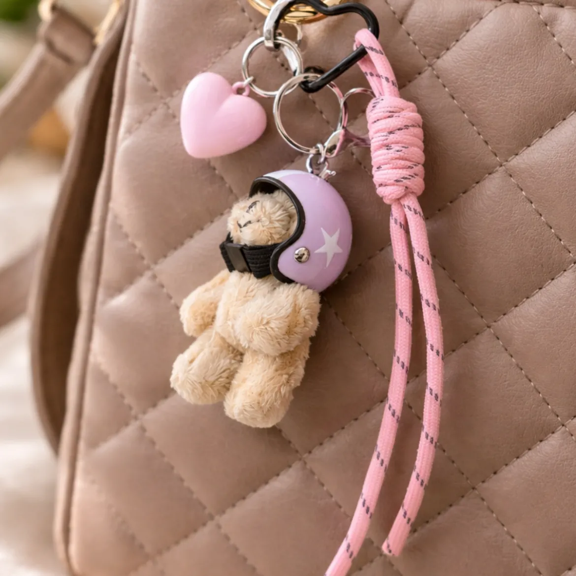 Porte-clés et bijou de sac - Ourson Casque Rose